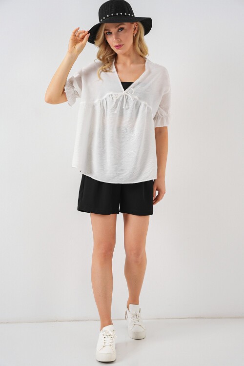 Merterium Kadın Önü Bağcıklı Kısa Kol Bluz 962 - Beyaz