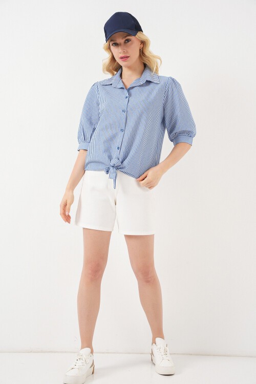 Kadın Önü Bağlamalı Çizgili Gömlek 20323 - Lacivert