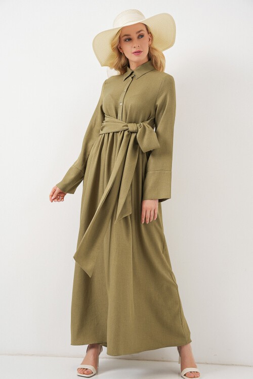 Kadın Önü Bağlamalı Keten Elbise 2574 - Çağla