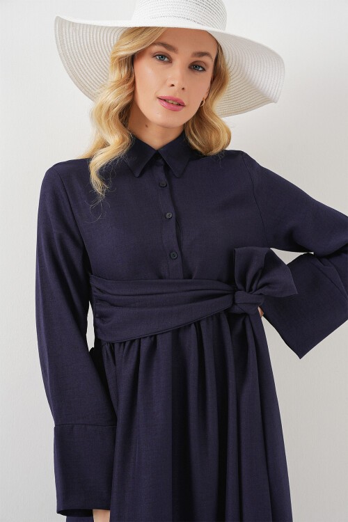 Kadın Önü Bağlamalı Keten Elbise 2574 - Lacivert
