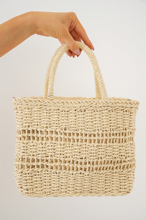 Merterium Kadın Örgü Hasır Çanta 010188 - Krem
