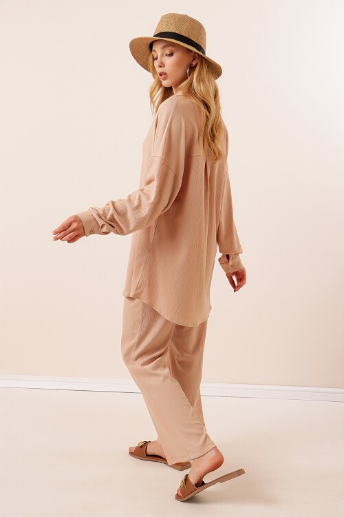 Merterium Kadın Örme Gömlek Pantolon İkili Takım 1004 - Bisküvi