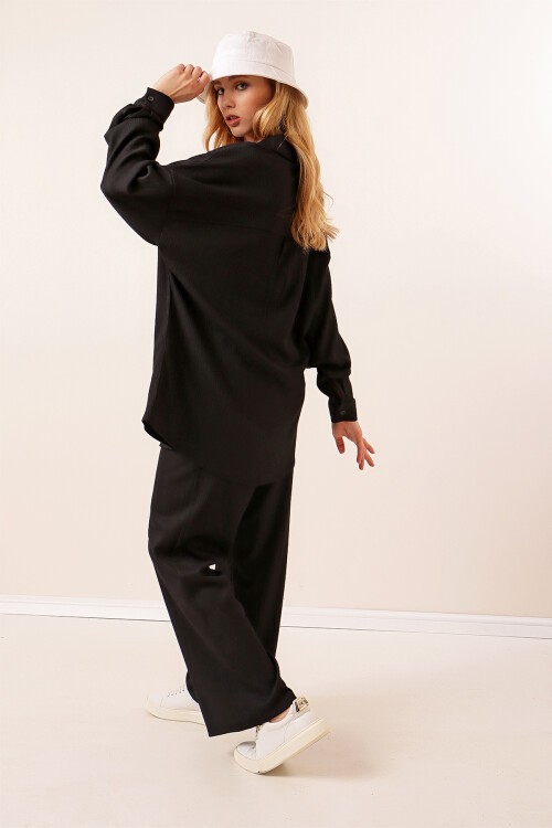 Merterium Kadın Örme Gömlek Pantolon İkili Takım 1004 - Siyah