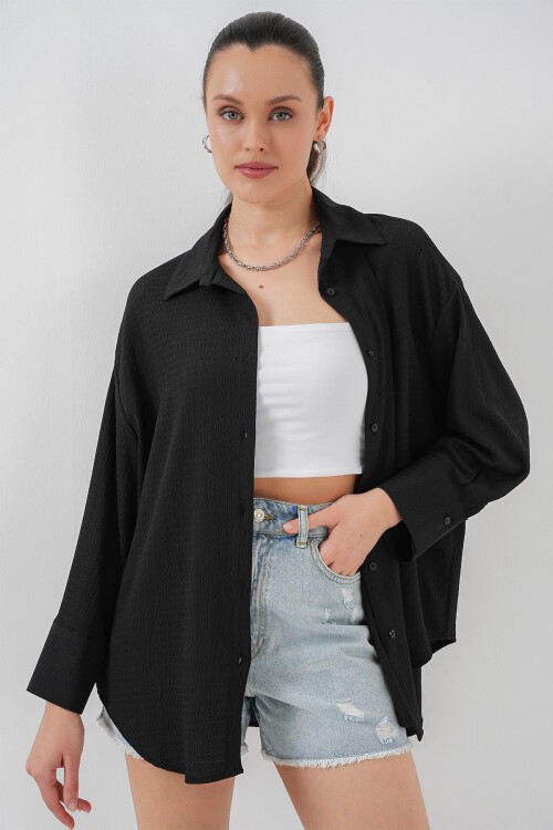 Merterium Kadın Örme Oversize Gömlek 20264 - Siyah
