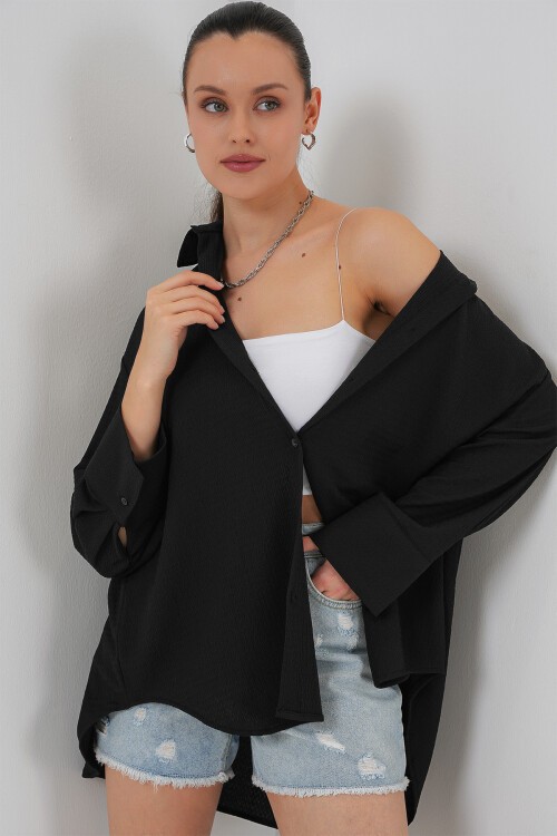 Merterium Kadın Örme Oversize Gömlek 20264 - Siyah