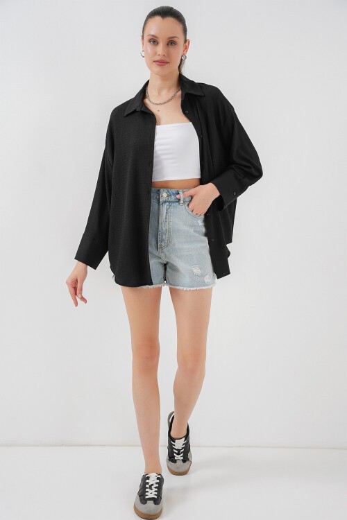 Merterium Kadın Örme Oversize Gömlek 20264 - Siyah