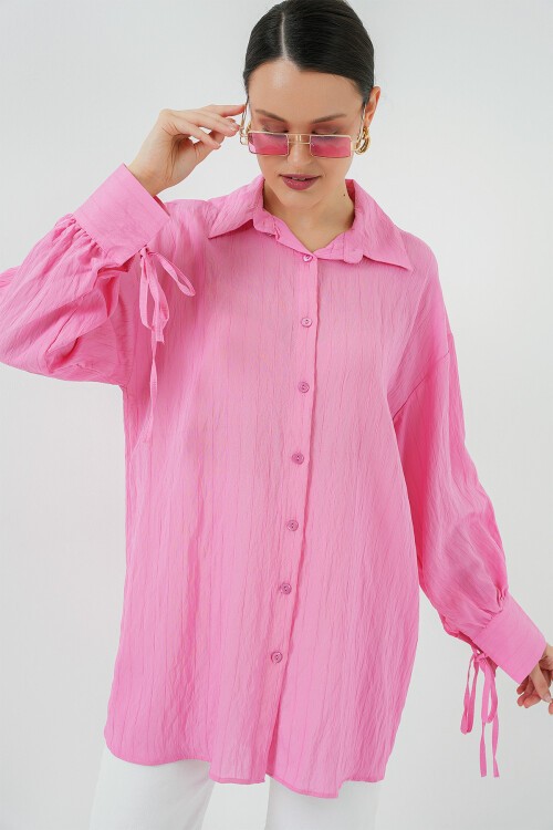 Merterium Kadın Oversize Bağcıklı Gömlek 5954 - Pembe