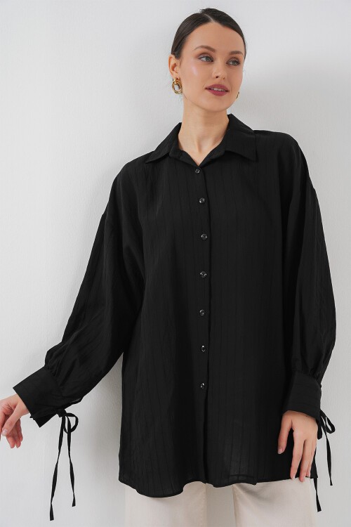 Merterium Kadın Oversize Bağcıklı Gömlek 5954 - Siyah