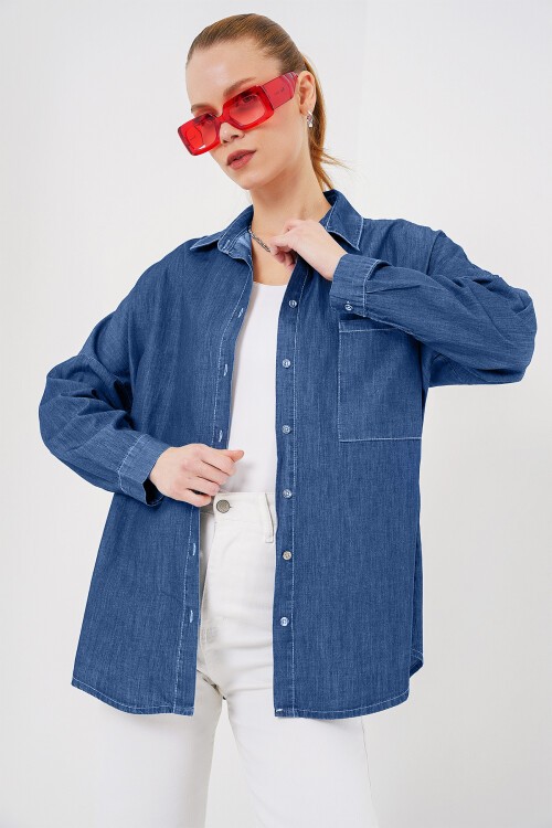 Merterium Kadın Oversize Kot Gömlek 20280 - Lacivert