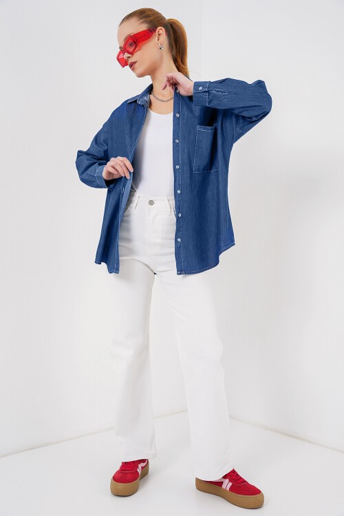 Merterium Kadın Oversize Kot Gömlek 20280 - Lacivert