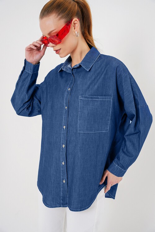 Merterium Kadın Oversize Kot Gömlek 20280 - Lacivert