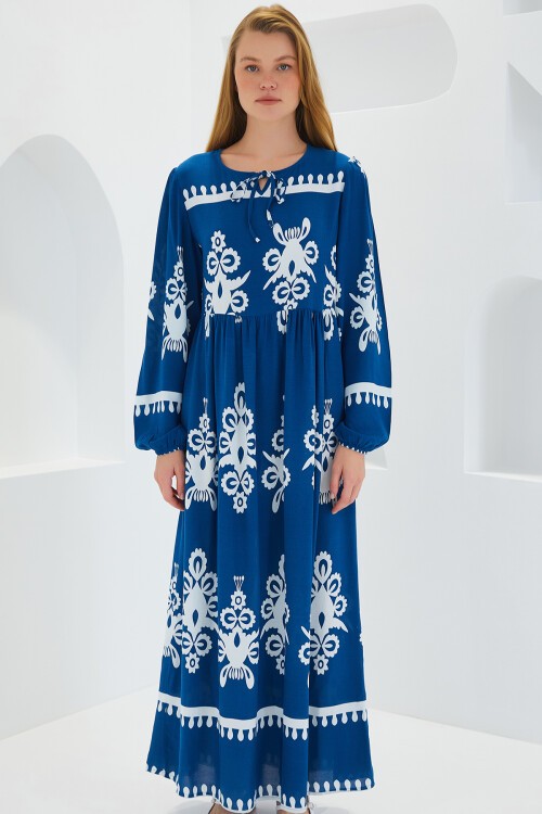 Merterium Kadın Petrol Beyaz Desenli Uzun Viskon Elbise 1947