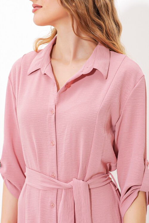 Merterium Kadın Pudra Kuşaklı Gömlek Elbise 2442