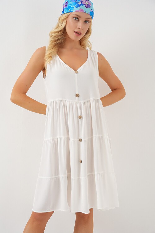 Merterium Kadın Sıfır Kol Düğmeli Kısa Elbise 2571 - Beyaz