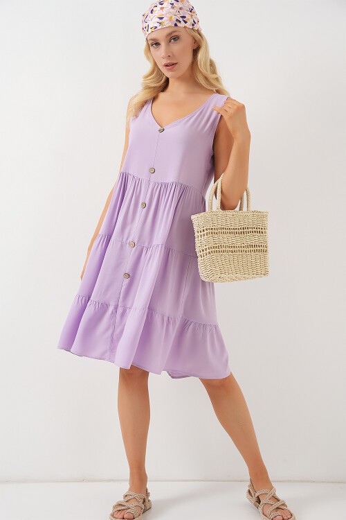 Merterium Kadın Sıfır Kol Düğmeli Kısa Elbise 2571 - Lila