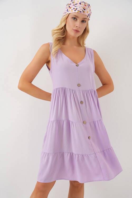 Merterium Kadın Sıfır Kol Düğmeli Kısa Elbise 2571 - Lila