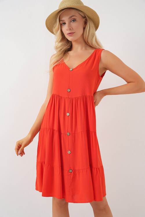 Merterium Kadın Sıfır Kol Düğmeli Kısa Elbise 2571 - Nar