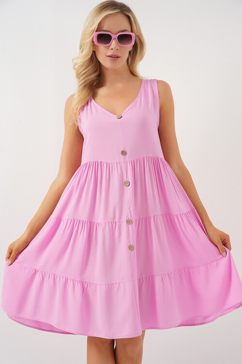 Merterium Kadın Sıfır Kol Düğmeli Kısa Elbise 2571 - Pembe
