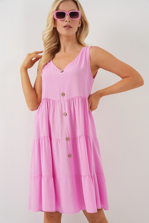Merterium Kadın Sıfır Kol Düğmeli Kısa Elbise 2571 - Pembe