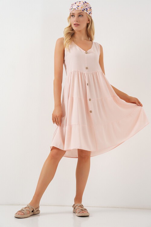 Merterium Kadın Sıfır Kol Düğmeli Kısa Elbise 2571 - Pudra