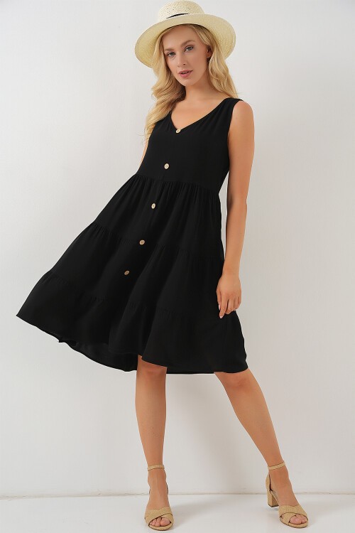 Merterium Kadın Sıfır Kol Düğmeli Kısa Elbise 2571 - Siyah