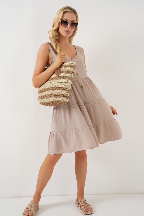 Merterium Kadın Sıfır Kol Düğmeli Kısa Elbise 2571 - Taş