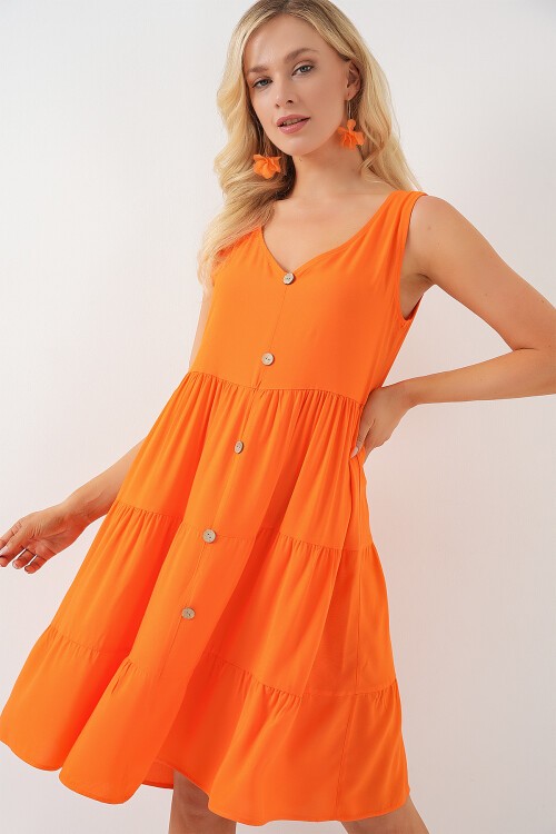 Merterium Kadın Sıfır Kol Düğmeli Kısa Elbise 2571 - Turuncu