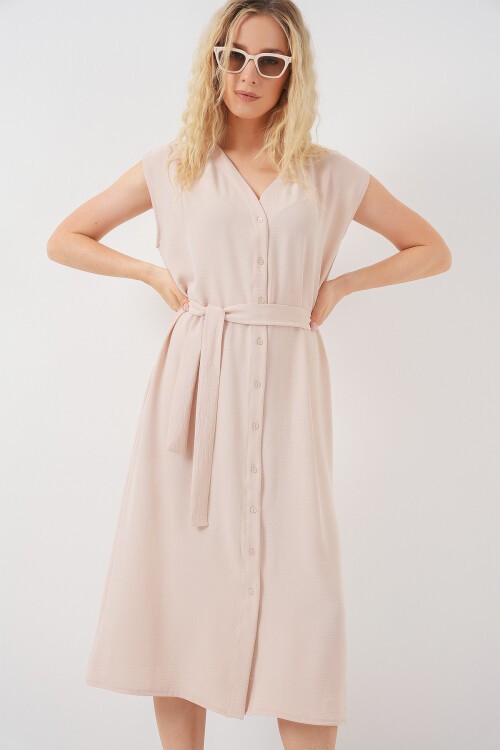 Kadın Sıfır Kol Kuşaklı Ayrobin Elbise 2568 - Krem