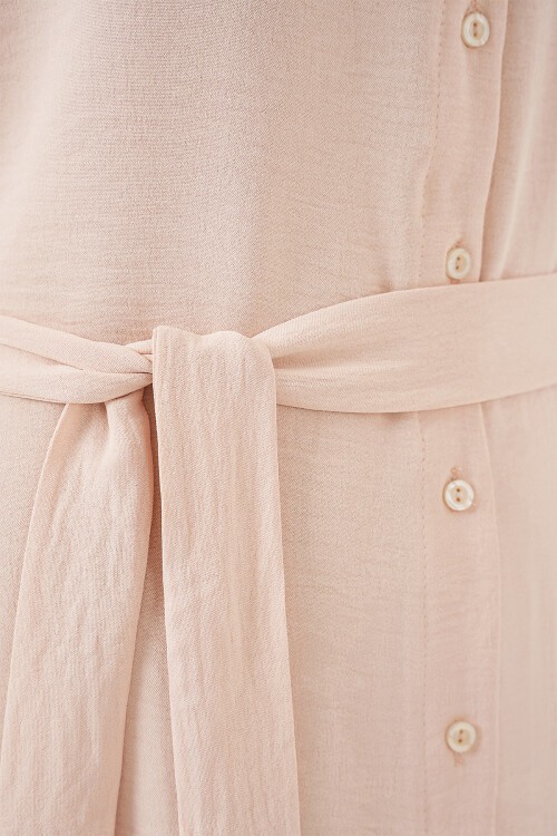 Kadın Sıfır Kol Kuşaklı Ayrobin Elbise 2568 - Krem