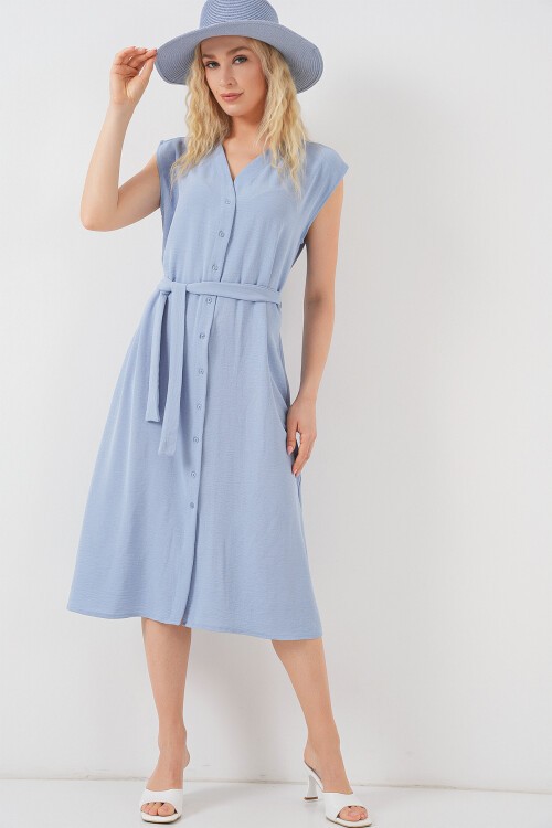Kadın Sıfır Kol Kuşaklı Ayrobin Elbise 2568 - Mavi