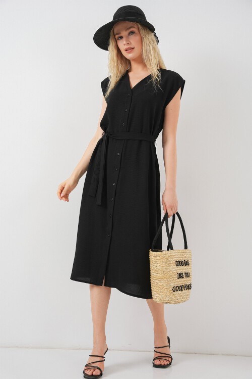 Kadın Sıfır Kol Kuşaklı Ayrobin Elbise 2568 - Siyah