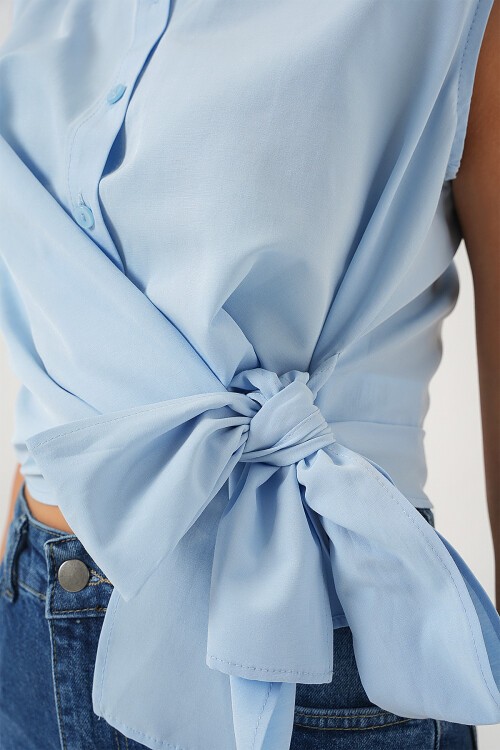 Merterium Kadın Sıfır Kol Önü Bağlamalı Gömlek 20340 - Mavi
