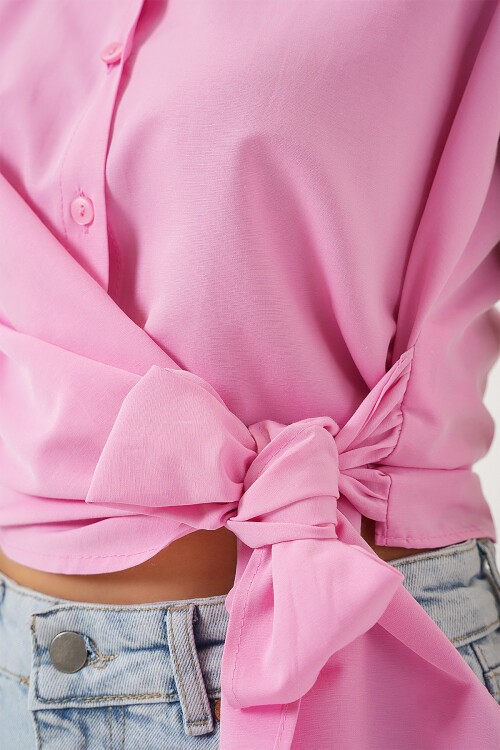 Merterium Kadın Sıfır Kol Önü Bağlamalı Gömlek 20340 - Pembe