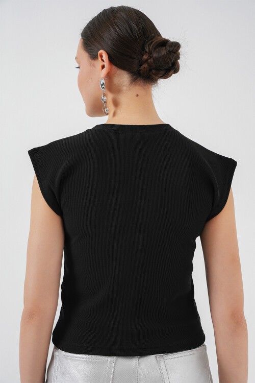 Merterium Kadın Sıfır Kol Taşlı Bluz 931 - Siyah