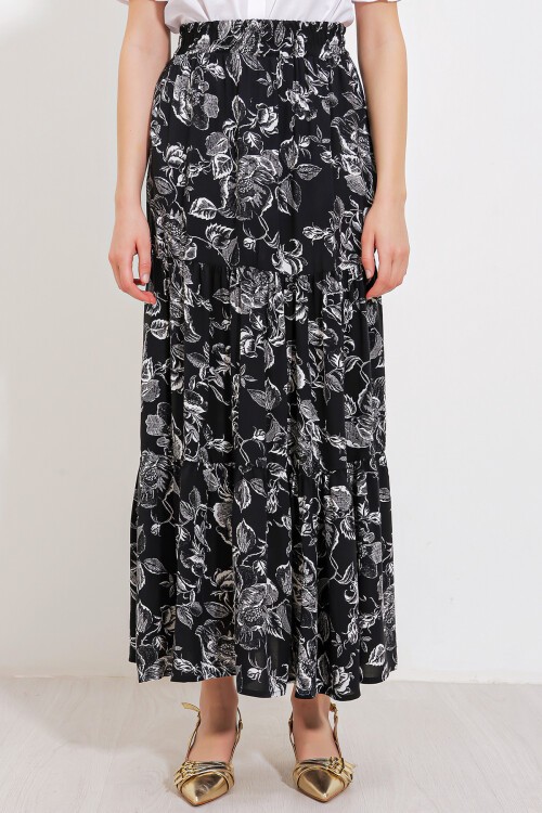 Kadın Siyah Desenli Uzun Viskon Etek 1898