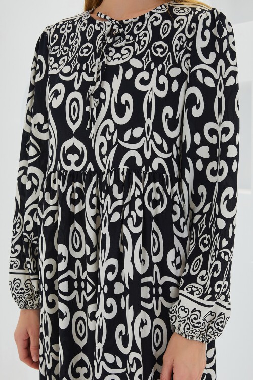 Merterium Kadın Siyah Ekru Desenli Uzun Viskon Elbise 1947