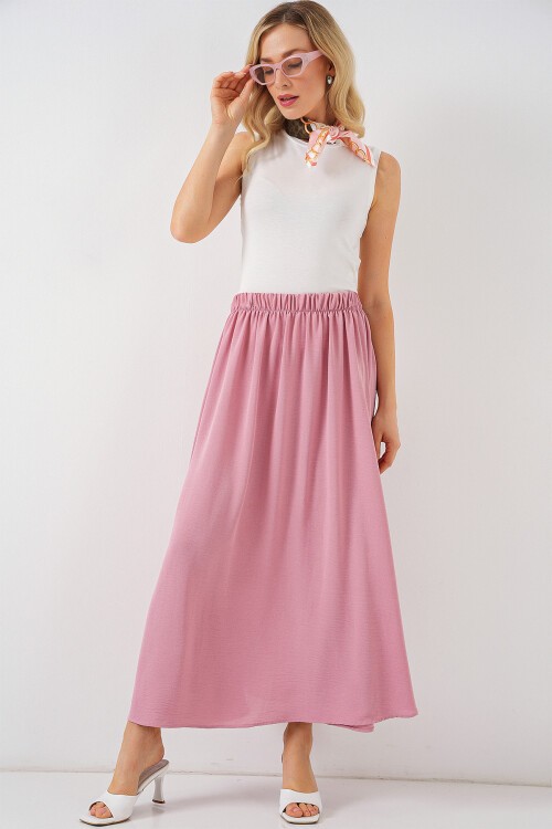 Merterium Kadın Uzun Ayrobin Etek 8050 - Pudra