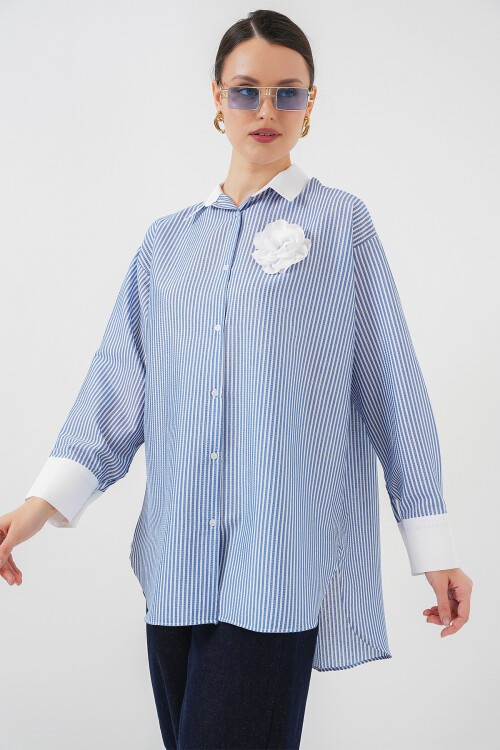 Merterium Kadın Uzun Çizgili Gömlek 5962 - Mavi