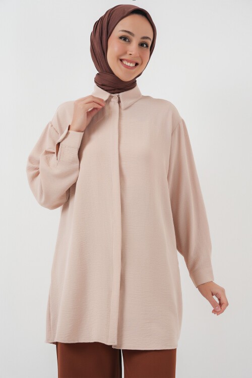 Merterium Kadın Uzun Gömlek Tunik 5945 - Krem