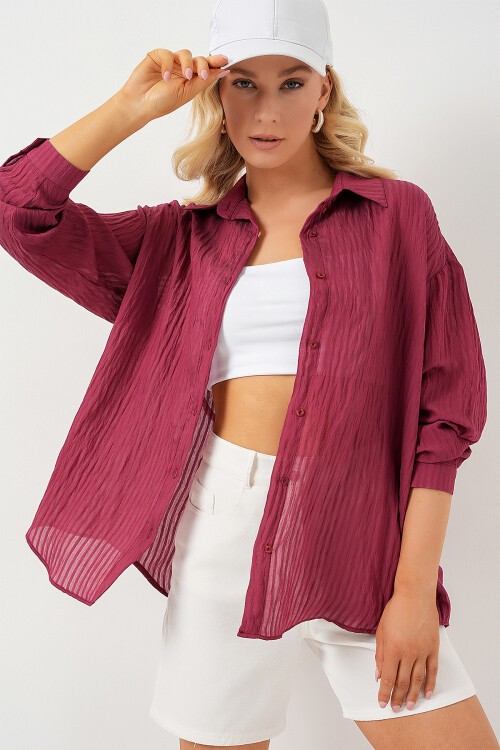 Merterium Kadın Uzun Oversize Gömlek 20320 - Bordo