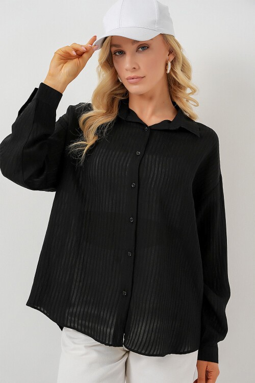 Merterium Kadın Uzun Oversize Gömlek 20320 - Siyah