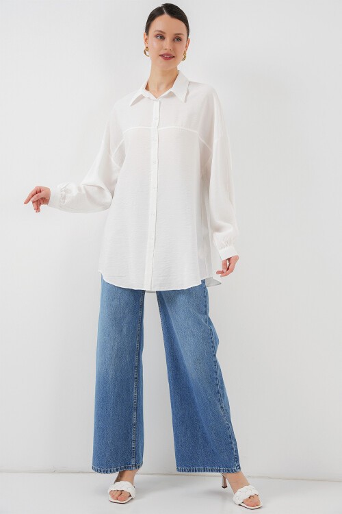 Merterium Kadın Uzun Oversize Gömlek 5965 - Beyaz