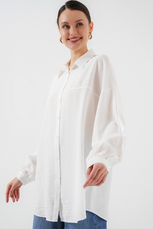 Merterium Kadın Uzun Oversize Gömlek 5965 - Beyaz