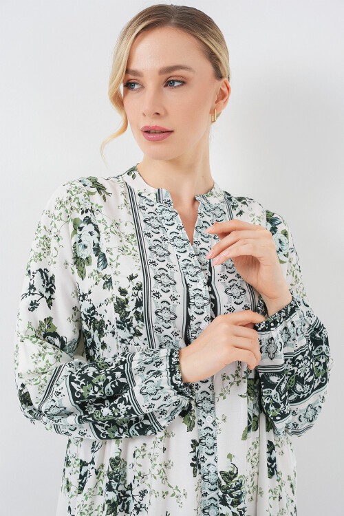 Kadın Yeşil Beyaz Lacivert Viskon Tesettür Elbise 2423