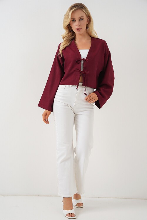 Merterium Önü Bağlamalı Keten Kimono 960 - Bordo
