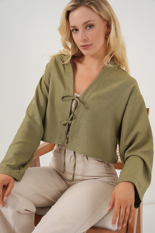 Merterium Önü Bağlamalı Keten Kimono 960 - Çağla