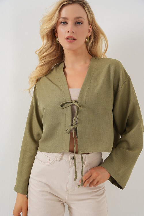 Merterium Önü Bağlamalı Keten Kimono 960 - Çağla