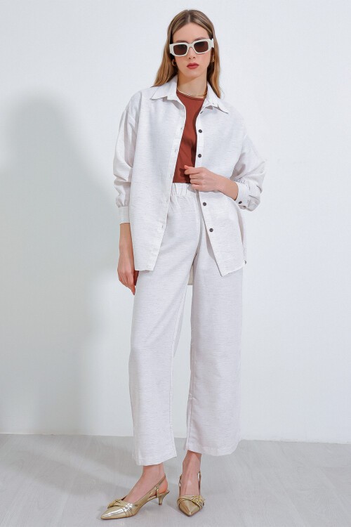 Merterium T6624 Bol Paça Keten Alt Üst Takım - Krem