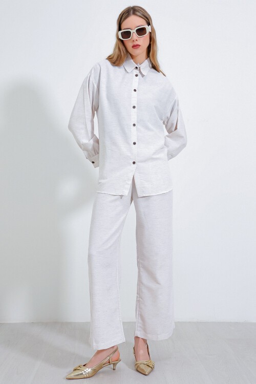 Merterium T6624 Bol Paça Keten Alt Üst Takım - Krem