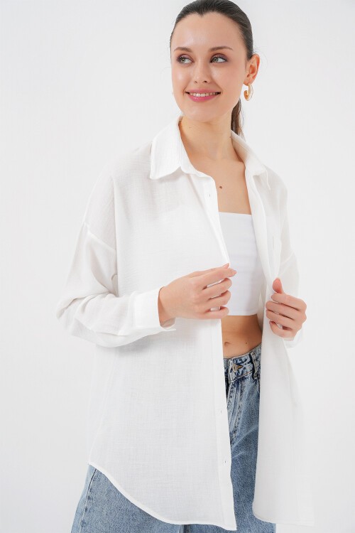 Tek Cepli Oversize Keten Gömlek - Beyaz